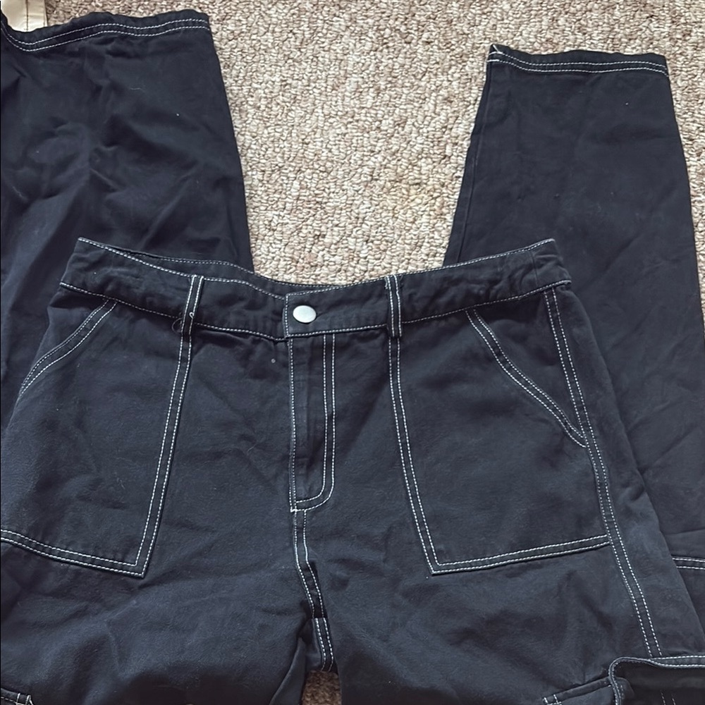 Black Cargo Pants with White Stitching